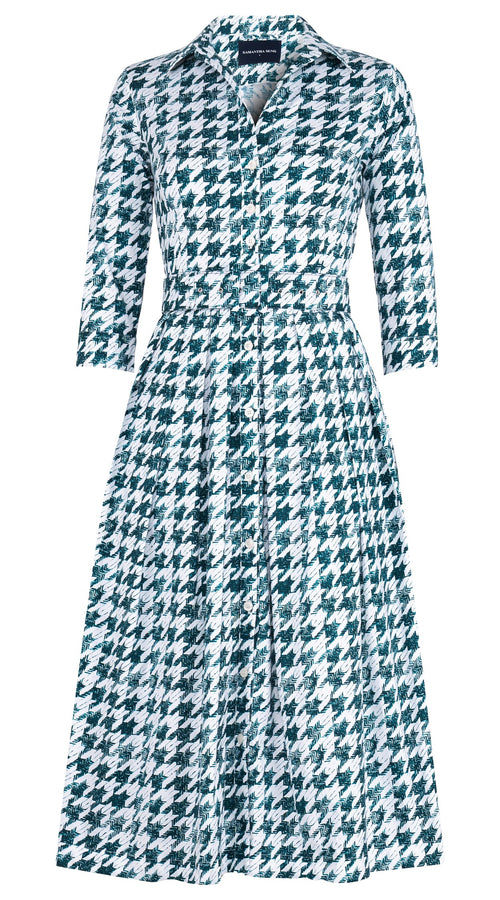 Audrey Dress #1 Shirt Collar 3/4 Sleeve Midi Length Cotton Stretch (Houndstooth Toile White)