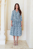 Audrey Dress #1 Shirt Collar 3/4 Sleeve Midi Length Cotton Stretch (Houndstooth Toile White)