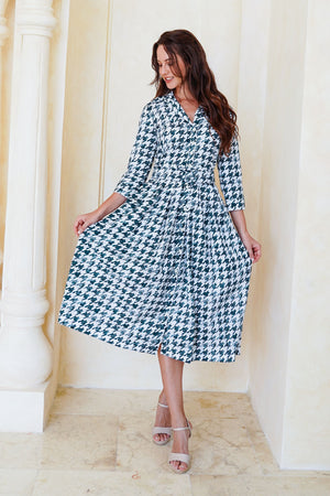 Audrey Dress #1 Shirt Collar 3/4 Sleeve Midi Length Cotton Stretch (Houndstooth Toile White)