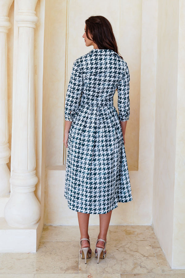 Audrey Dress #1 Shirt Collar 3/4 Sleeve Midi Length Cotton Stretch (Houndstooth Toile White)