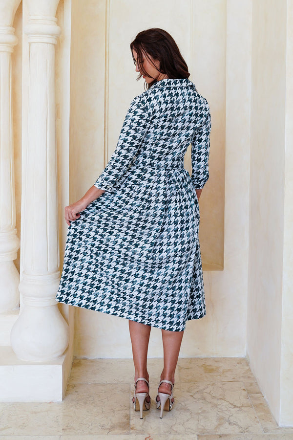 Audrey Dress #1 Shirt Collar 3/4 Sleeve Midi Length Cotton Stretch (Houndstooth Toile White)