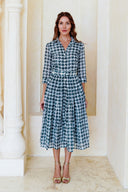 Audrey Dress #4 Shirt Collar 3/4 Sleeve Midi Length Cotton Musola (Houndstooth Toile White)