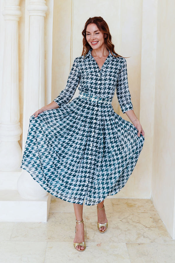 Audrey Dress #4 Shirt Collar 3/4 Sleeve Midi Length Cotton Musola (Houndstooth Toile White)