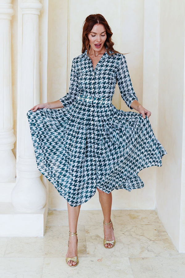 Audrey Dress #4 Shirt Collar 3/4 Sleeve Midi Length Cotton Musola (Houndstooth Toile White)