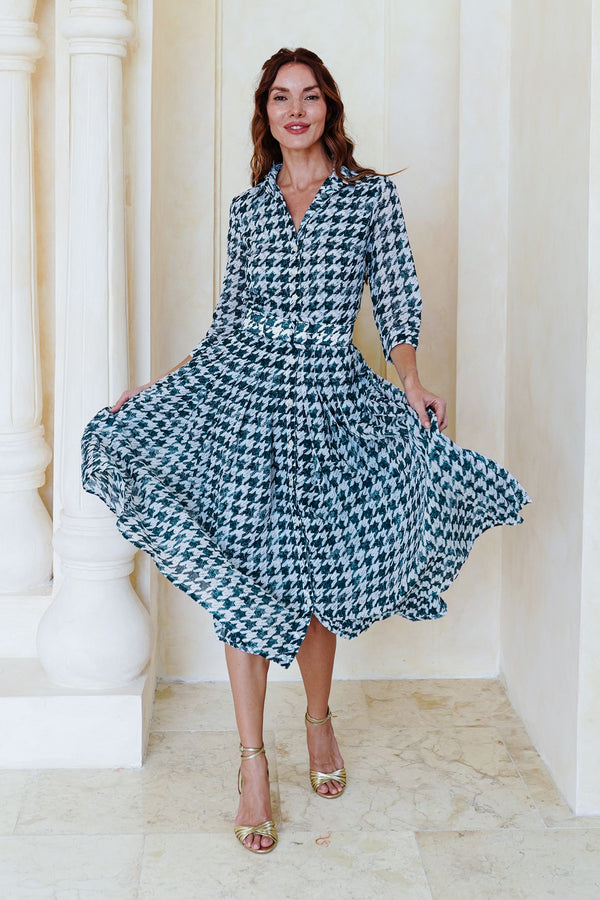 Audrey Dress #4 Shirt Collar 3/4 Sleeve Midi Length Cotton Musola (Houndstooth Toile White)