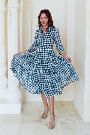 Audrey Dress #4 Shirt Collar 3/4 Sleeve Midi Length Cotton Musola (Houndstooth Toile White)