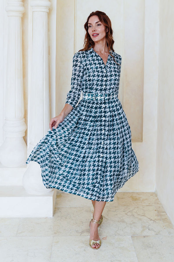Audrey Dress #4 Shirt Collar 3/4 Sleeve Midi Length Cotton Musola (Houndstooth Toile White)