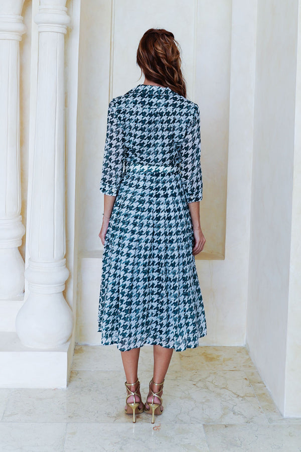 Audrey Dress #4 Shirt Collar 3/4 Sleeve Midi Length Cotton Musola (Houndstooth Toile White)
