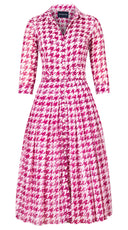 Audrey Dress #4 Shirt Collar 3/4 Sleeve Midi Length Cotton Musola (Houndstooth Toile White)