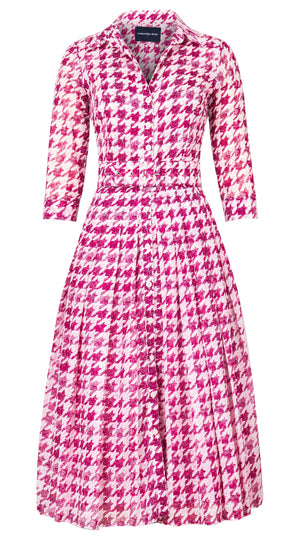 Audrey Dress #4 Shirt Collar 3/4 Sleeve Midi Length Cotton Musola (Houndstooth Toile White)