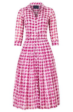 Audrey Dress #4 Shirt Collar 3/4 Sleeve Midi Length Cotton Musola (Houndstooth Toile White)
