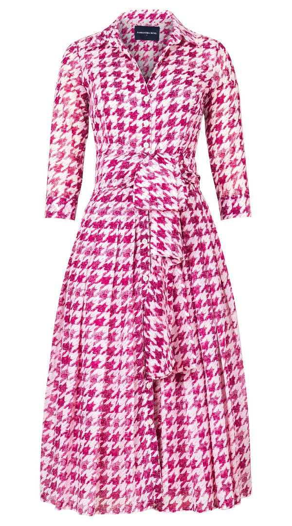 Audrey Dress #4 Shirt Collar 3/4 Sleeve Midi Length Cotton Musola (Houndstooth Toile White)