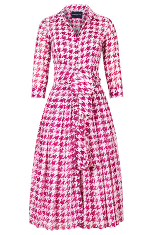 Audrey Dress #4 Shirt Collar 3/4 Sleeve Midi Length Cotton Musola (Houndstooth Toile White)