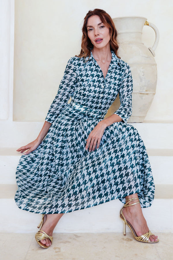 Audrey Dress #4 Shirt Collar 3/4 Sleeve Midi Length Cotton Musola (Houndstooth Toile White)