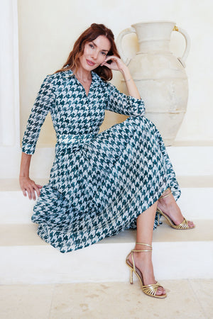 Audrey Dress #4 Shirt Collar 3/4 Sleeve Midi Length Cotton Musola (Houndstooth Toile White)