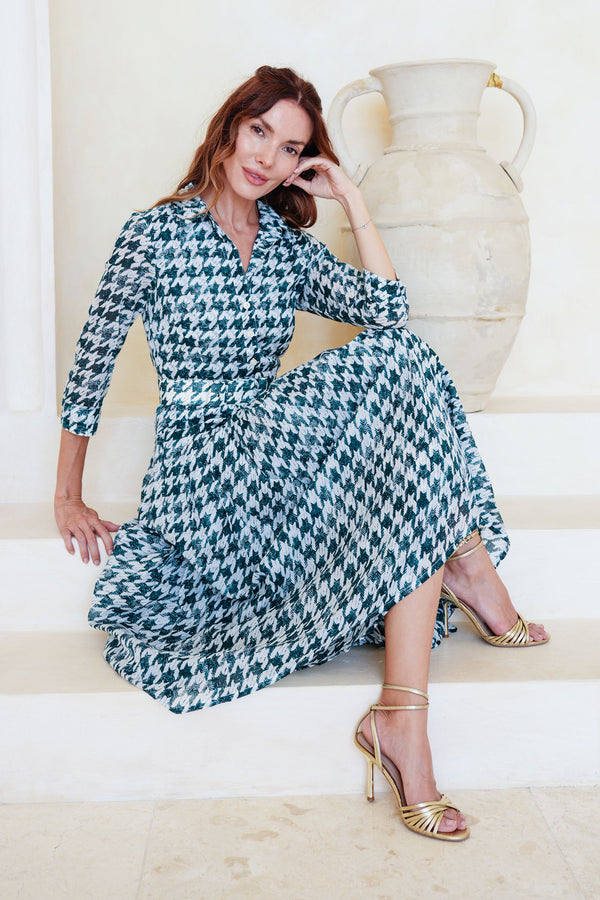 Audrey Dress #4 Shirt Collar 3/4 Sleeve Midi Length Cotton Musola (Houndstooth Toile White)