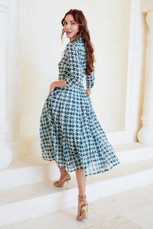 Audrey Dress #4 Shirt Collar 3/4 Sleeve Midi Length Cotton Musola (Houndstooth Toile White)