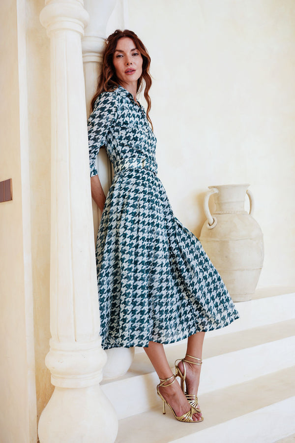 Audrey Dress #4 Shirt Collar 3/4 Sleeve Midi Length Cotton Musola (Houndstooth Toile White)