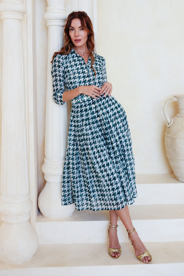 Audrey Dress #4 Shirt Collar 3/4 Sleeve Midi Length Cotton Musola (Houndstooth Toile White)