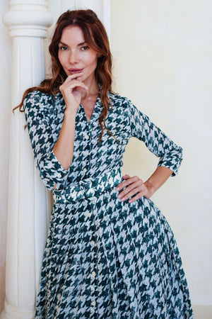 Audrey Dress #4 Shirt Collar 3/4 Sleeve Midi Length Cotton Musola (Houndstooth Toile White)