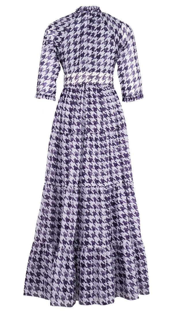 Eden Dress Crew Neck 3/4 Sleeve Maxi Length Cotton Musola (Houndstooth Toile White)
