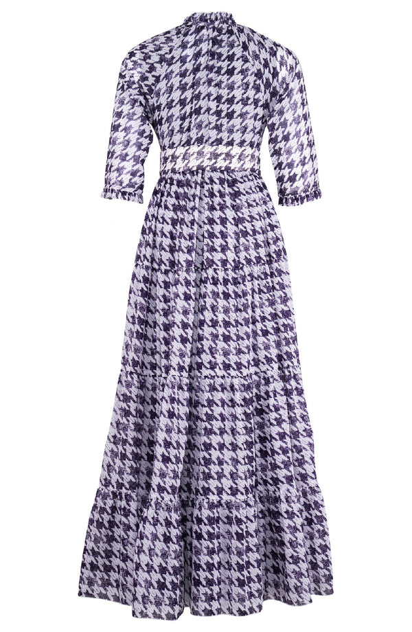 Eden Dress Crew Neck 3/4 Sleeve Maxi Length Cotton Musola (Houndstooth Toile White)