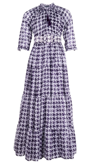 Eden Dress Crew Neck 3/4 Sleeve Maxi Length Cotton Musola (Houndstooth Toile White)