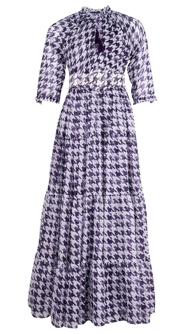 Eden Dress Crew Neck 3/4 Sleeve Maxi Length Cotton Musola (Houndstooth Toile White)