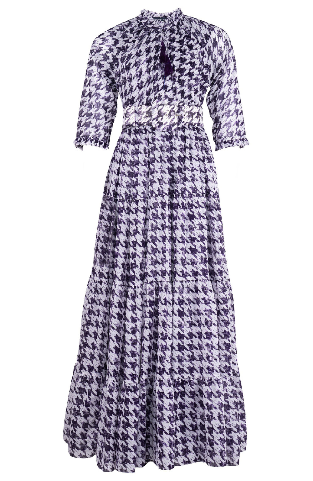 Eden Dress Crew Neck 3/4 Sleeve Maxi Length Cotton Musola (Houndstooth Toile White)