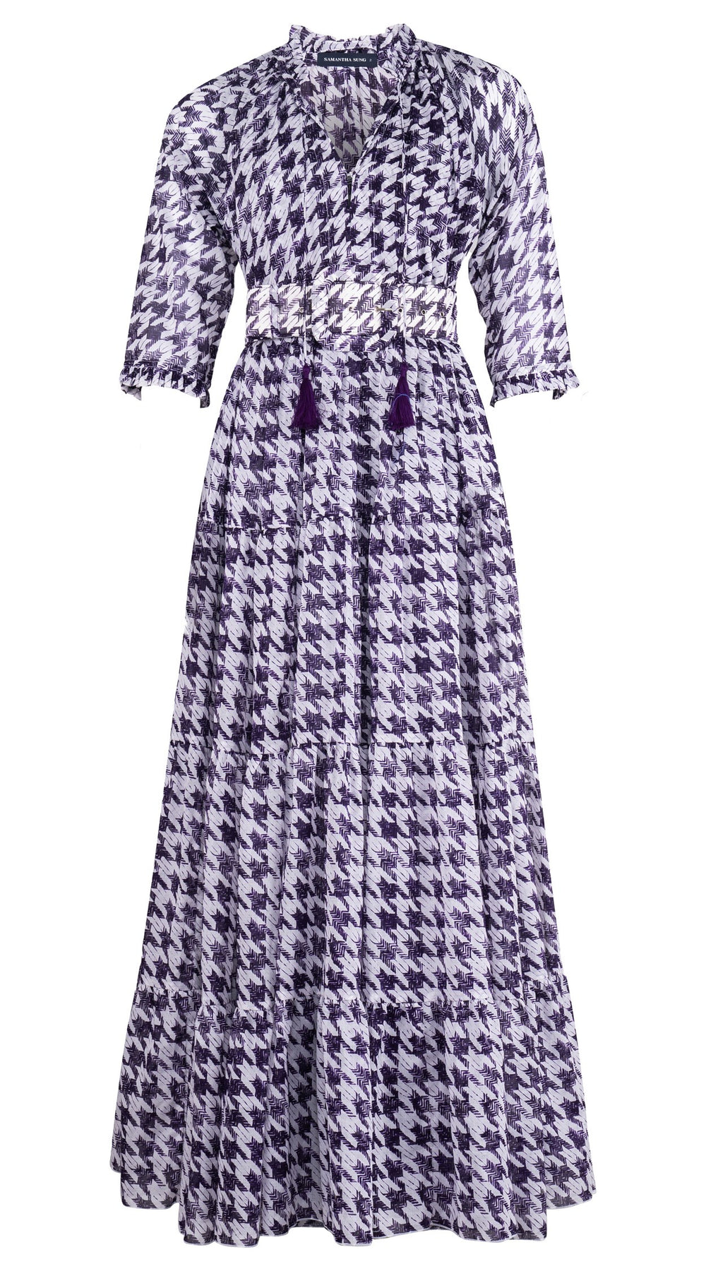 Eden Dress Crew Neck 3/4 Sleeve Maxi Length Cotton Musola (Houndstooth Toile White)