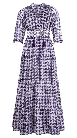 Eden Dress Crew Neck 3/4 Sleeve Maxi Length Cotton Musola (Houndstooth Toile White)