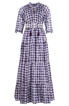 Eden Dress Crew Neck 3/4 Sleeve Maxi Length Cotton Musola (Houndstooth Toile White)