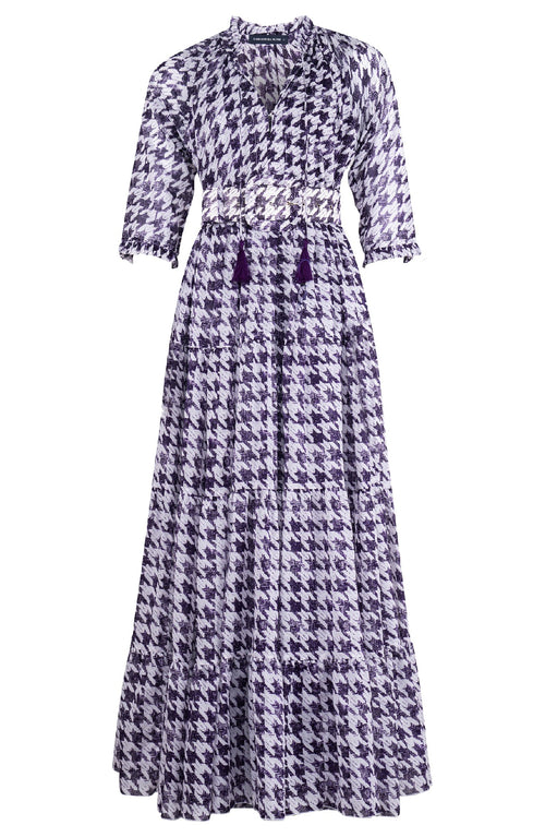 Eden Dress Crew Neck 3/4 Sleeve Maxi Length Cotton Musola (Houndstooth Toile White)