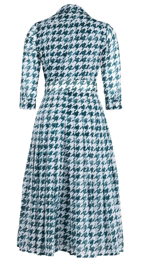 Audrey Dress #4 Shirt Collar 3/4 Sleeve Midi Length Cotton Musola (Houndstooth Toile White)
