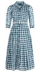 Audrey Dress #4 Shirt Collar 3/4 Sleeve Midi Length Cotton Musola (Houndstooth Toile White)
