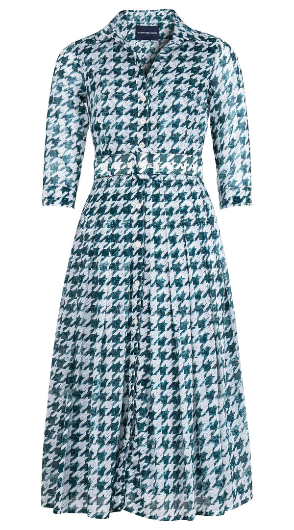 Audrey Dress #4 Shirt Collar 3/4 Sleeve Midi Length Cotton Musola (Houndstooth Toile White)