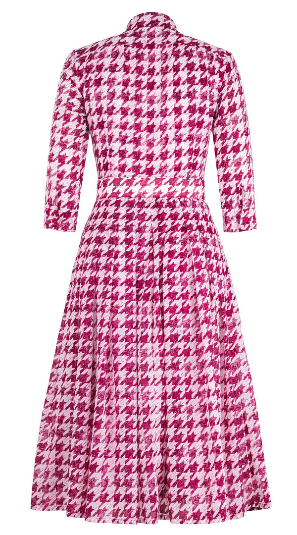 Audrey Dress #4 Shirt Collar 3/4 Sleeve Midi Length Cotton Musola (Houndstooth Toile White)