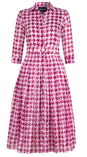 Audrey Dress #4 Shirt Collar 3/4 Sleeve Midi Length Cotton Musola (Houndstooth Toile White)