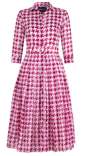 Audrey Dress #4 Shirt Collar 3/4 Sleeve Midi Length Cotton Musola (Houndstooth Toile White)