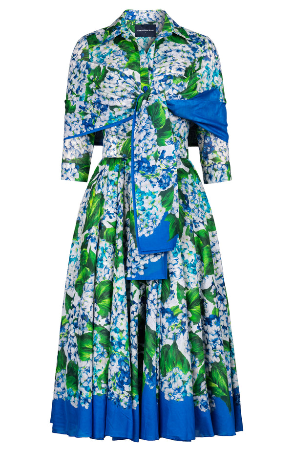Aster Dress Shirt Collar 3/4 Sleeve Midi Length Cotton Musola (Hydrangea)