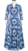Aster Dress Shirt Collar 3/4 Sleeve Midi Plus Length Cotton Musola (Ibiza Faro Tile)