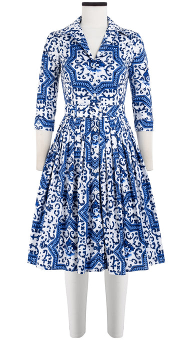 Audrey Dress #2 Shirt Collar 3/4 Sleeve Cotton Stretch (Ibiza Faro Tile)