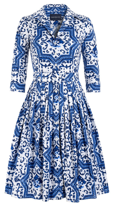 Audrey Dress #2 Shirt Collar 3/4 Sleeve Cotton Stretch (Ibiza Faro Tile)