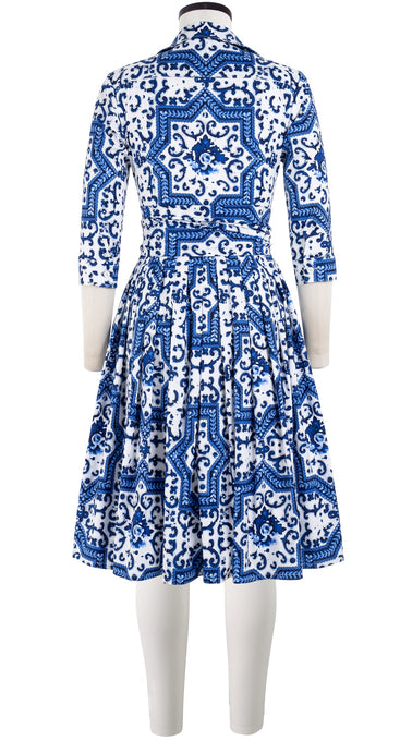 Audrey Dress #2 Shirt Collar 3/4 Sleeve Cotton Stretch (Ibiza Faro Tile)