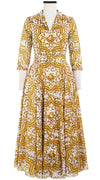Aster Dress Shirt Collar 3/4 Sleeve Midi Plus Length Cotton Musola (Ibiza Faro Tile)