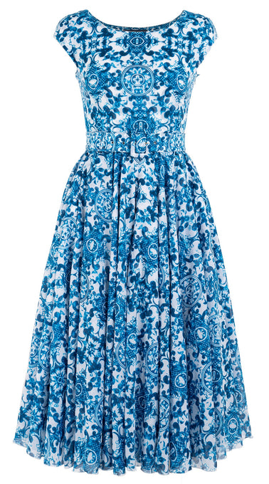 Aster Dress Boat Neck Cap Sleeve Midi Length Cotton Musola (Ibiza Sintra Tile)