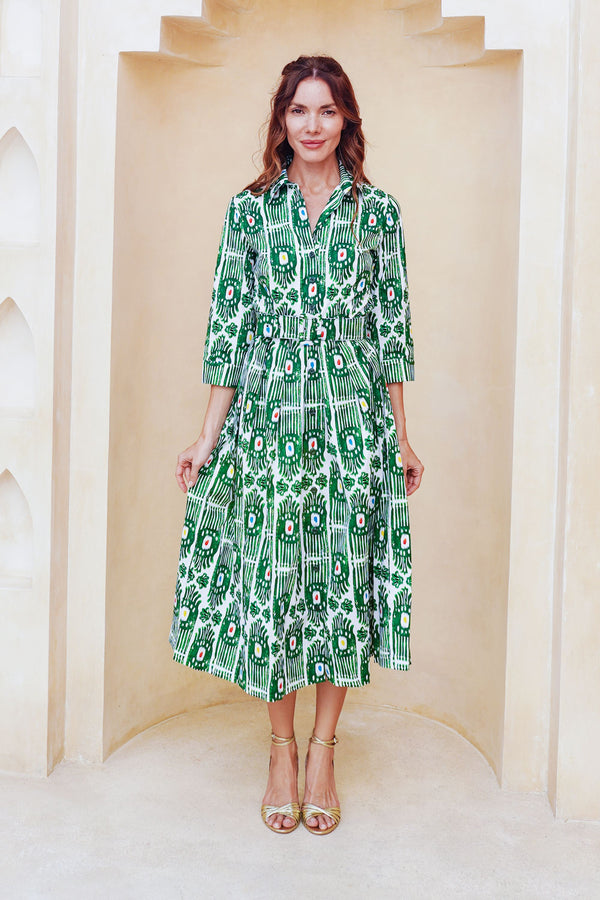 Audrey Dress #1 Shirt Collar 3/4 Sleeve Midi Length Cotton Stretch (Ikat Gap)