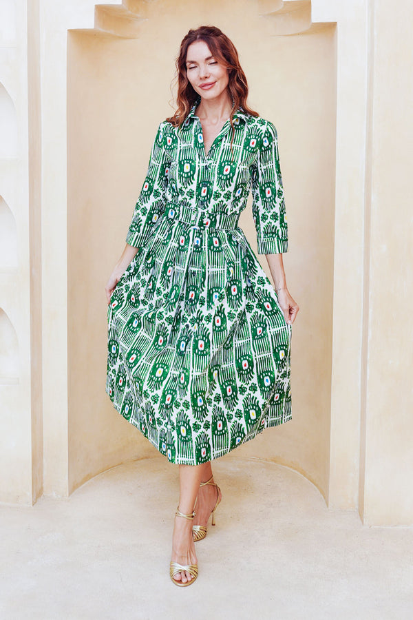 Audrey Dress #1 Shirt Collar 3/4 Sleeve Midi Length Cotton Stretch (Ikat Gap)