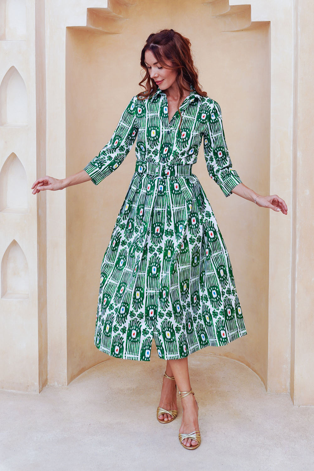 Audrey Dress #1 Shirt Collar 3/4 Sleeve Midi Length Cotton Stretch (Ikat Gap)