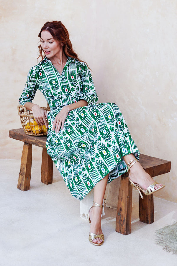 Audrey Dress #1 Shirt Collar 3/4 Sleeve Midi Length Cotton Stretch (Ikat Gap)